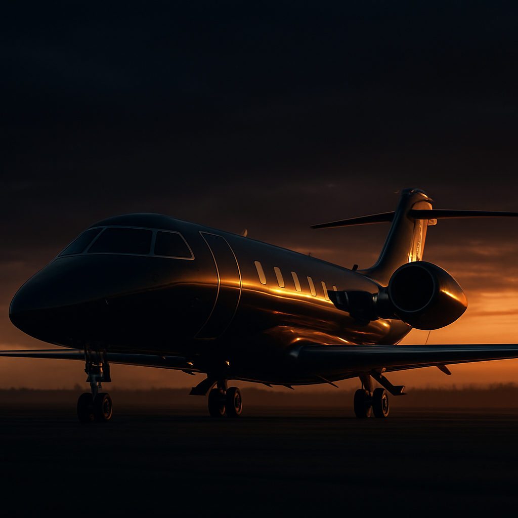 Luxury private jet on the runway at golden hour